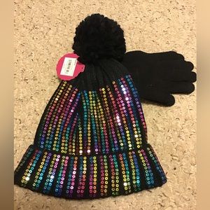 SEQUIN POM POM HAT W STRETCH GLOVES SET NWT SZ M/L WOMENS SO